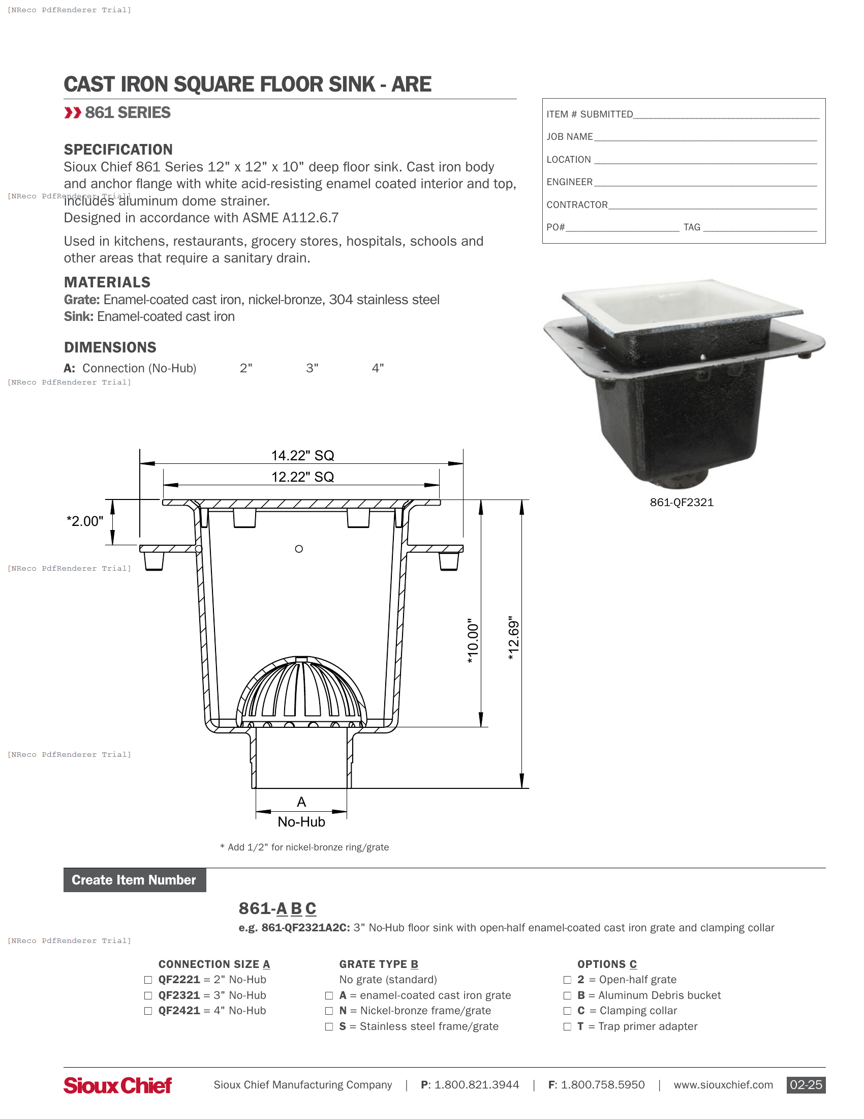 861-QF SERIES - 12X12X10 FLOOR SINK - SPEC SHEET.PDF Specification Document
